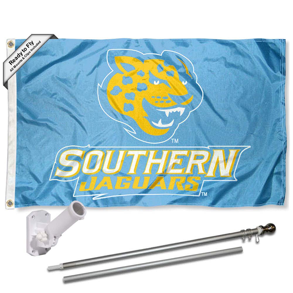 College Flags & Banners Co. Southern Jaguars Light Blue Flag and Pole Bracket Mount Bundle - Sports Collectibles, Sports Memorabilia, Sports Fan Shop, Sports Gifts