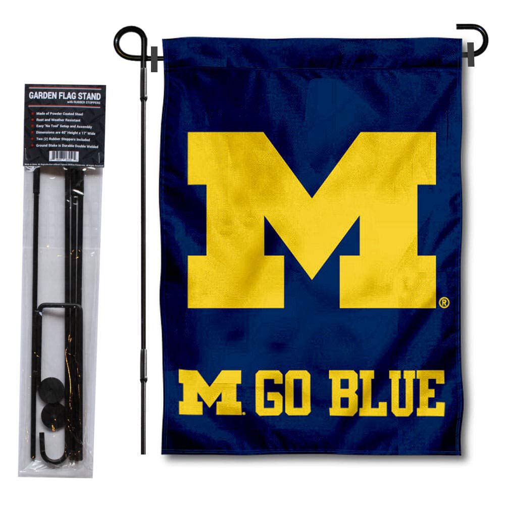 College Flags & Banners Co. Michigan Team University Wolverines Go Blue Garden Flag with Stand Holder - Sports Collectibles, Sports Memorabilia, Sports Fan Shop, Sports Gifts
