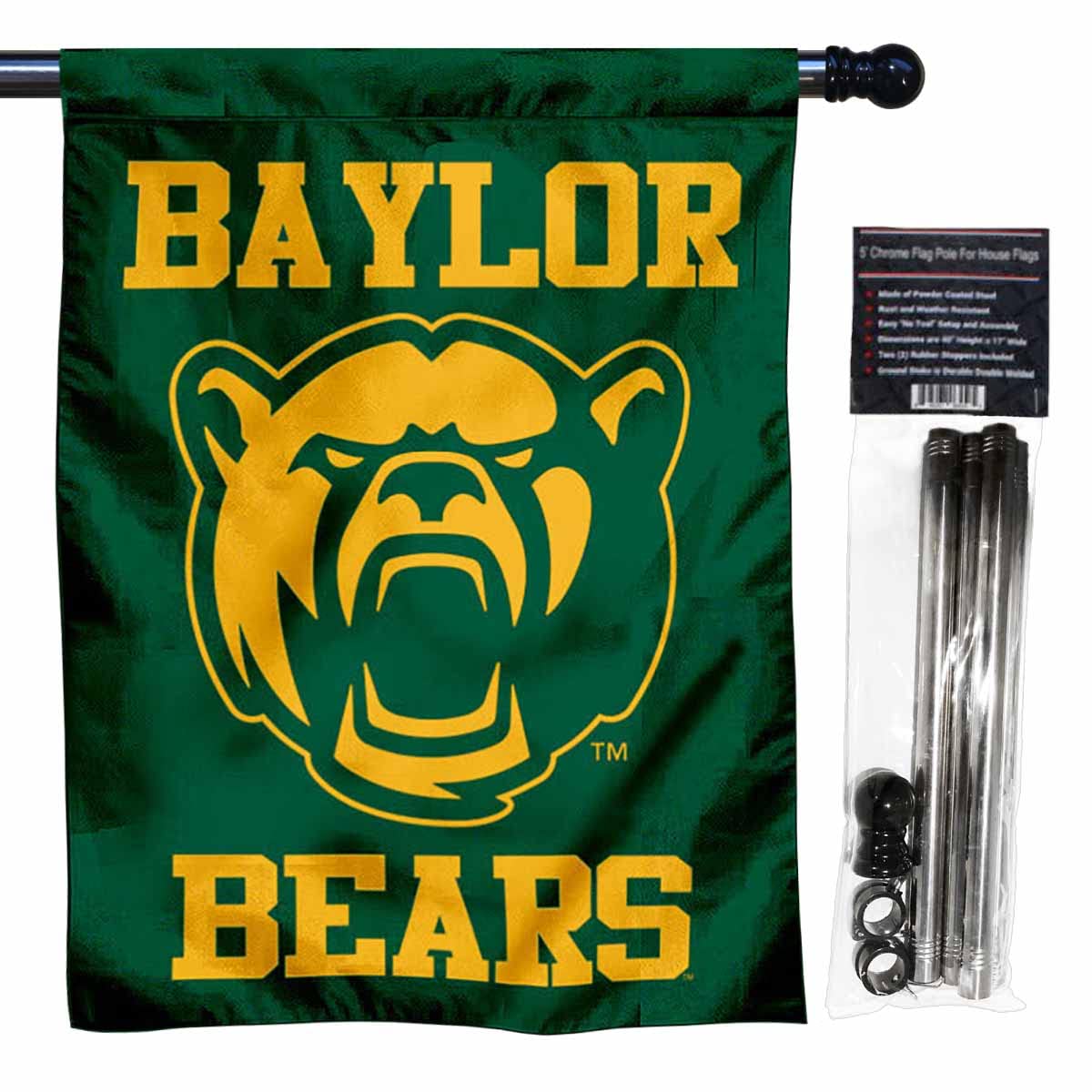 Baylor Bears New Bear Logo Double Sided House Flag with Flag Pole Set - Sports Collectibles, Sports Memorabilia, Sports Fan Shop, Sports Gifts