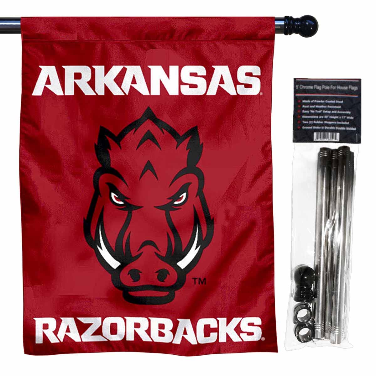 College Flags & Banners Co. Arkansas Razorbacks Two Logo House Flag with Flag Pole Set - Sports Collectibles, Sports Memorabilia, Sports Fan Shop, Sports Gifts