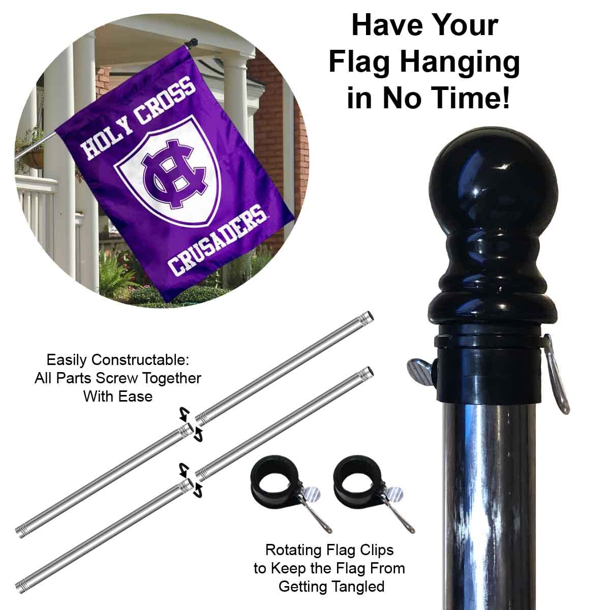 College Flags & Banners Co. Holy Cross Crusaders Shield House Flag with Pole Set - Sports Collectibles, Sports Memorabilia, Sports Fan Shop, Sports Gifts