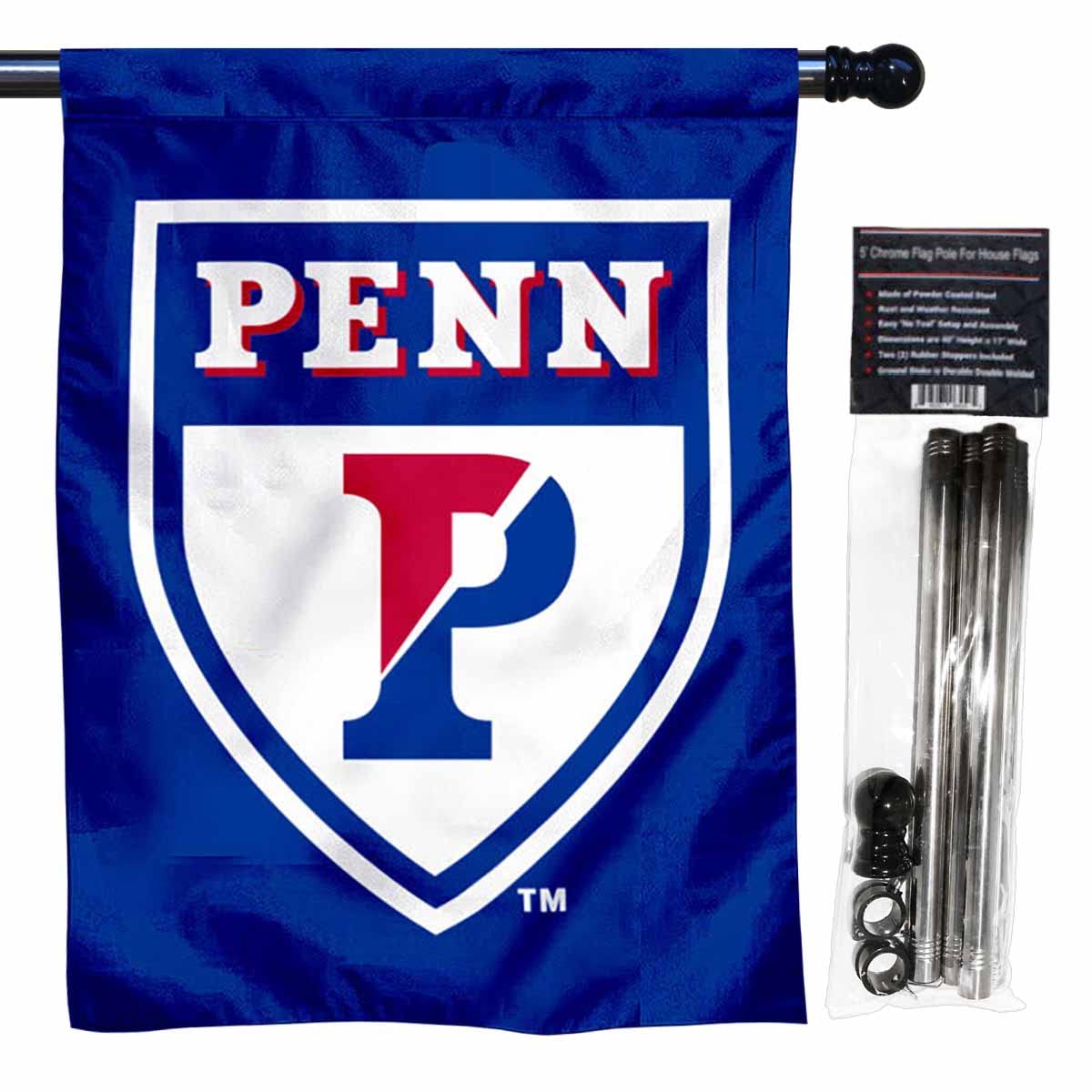 Penn Quakers Athletic Logo Blue House Flag with Flag Pole Set - Sports Collectibles, Sports Memorabilia, Sports Fan Shop, Sports Gifts