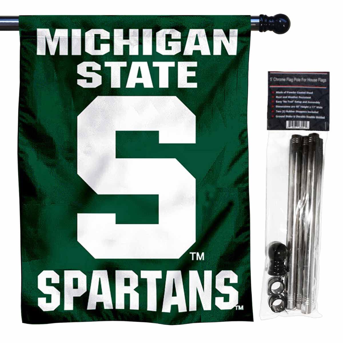 Michigan State University House Flag with Flag Pole Set - Sports Collectibles, Sports Memorabilia, Sports Fan Shop, Sports Gifts