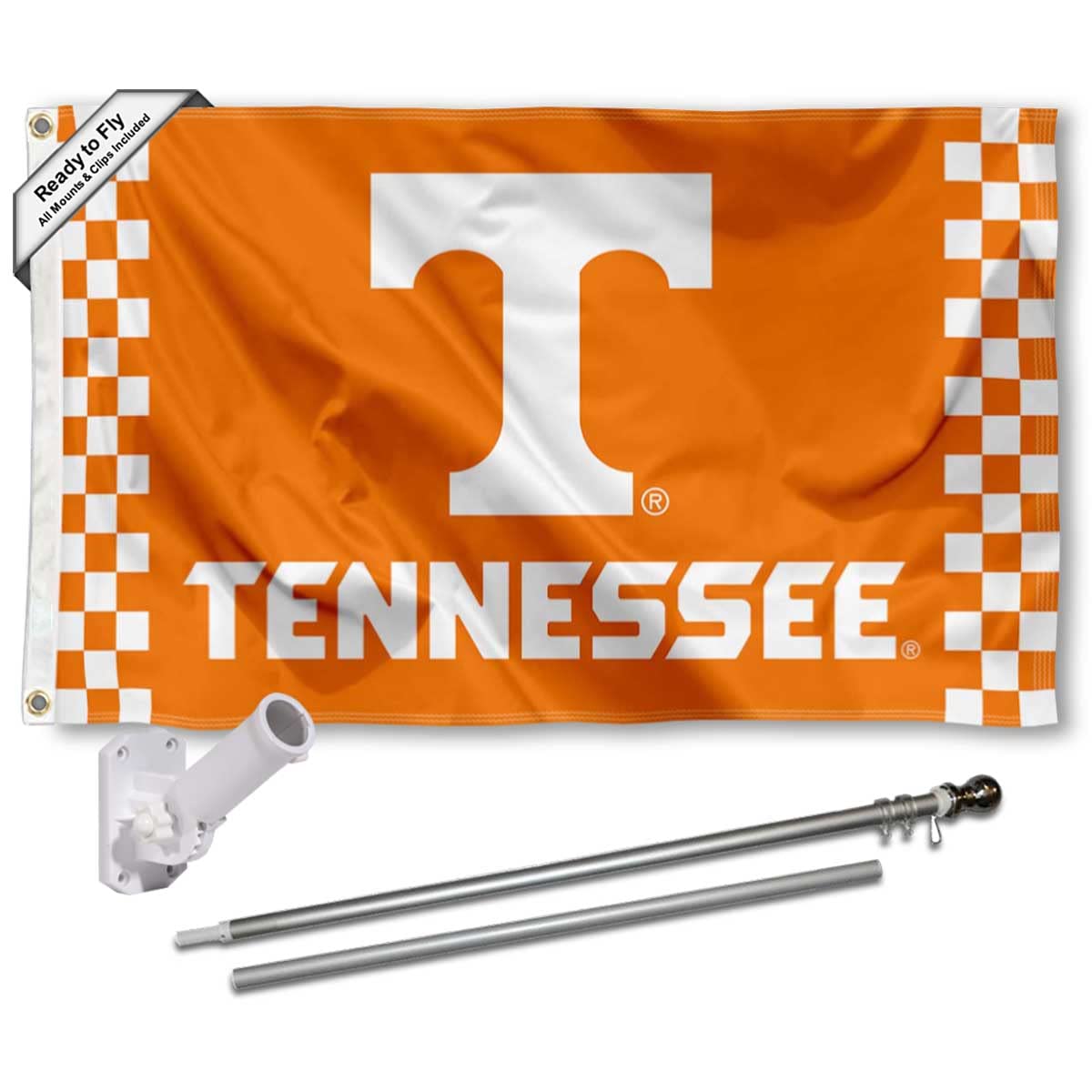 College Flags & Banners Co. Volunteers Checkerboard Flag with Pole and Bracket Holder University Set - Sports Collectibles, Sports Memorabilia, Sports Fan Shop, Sports Gifts