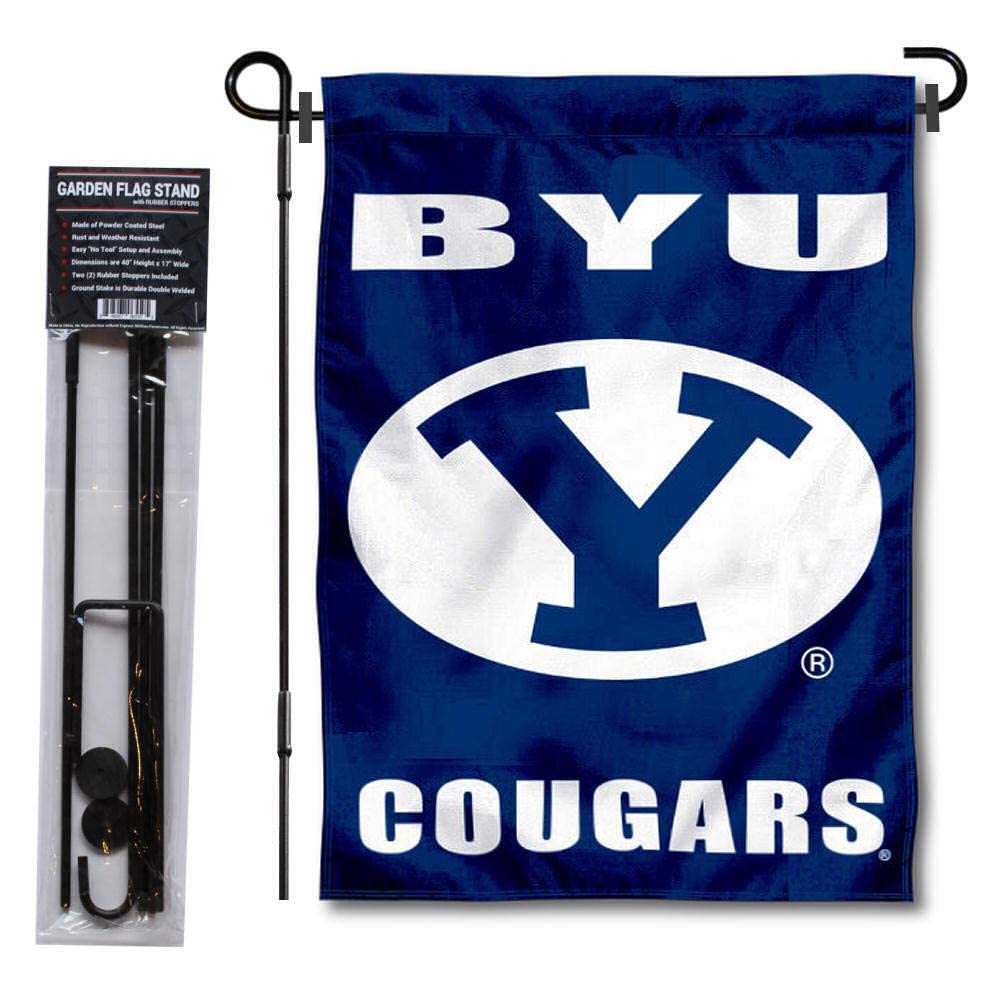 College Flags & Banners Co. Brigham Young Cougars Wordmark Logo Garden and USA Flag Stand Pole Holder Set - Sports Collectibles, Sports Memorabilia, Sports Fan Shop, Sports Gifts