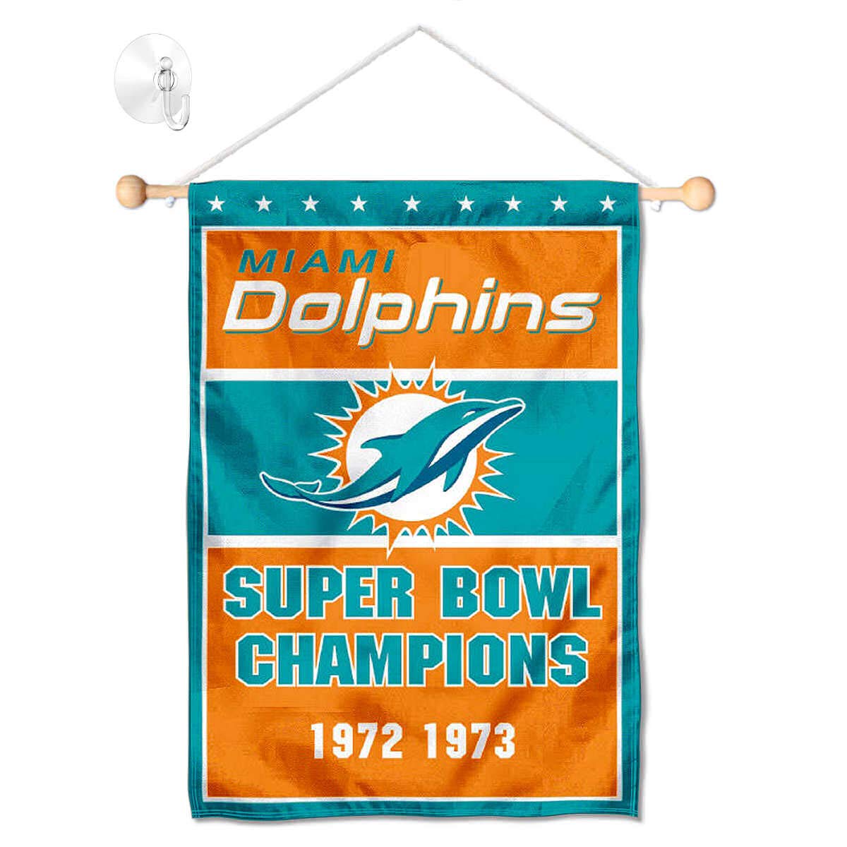 Miami Dolphins 2 Time Champions Banner Window Wall Hanging Flag with Suction Cup - Sports Collectibles, Sports Memorabilia, Sports Fan Shop, Sports Gifts