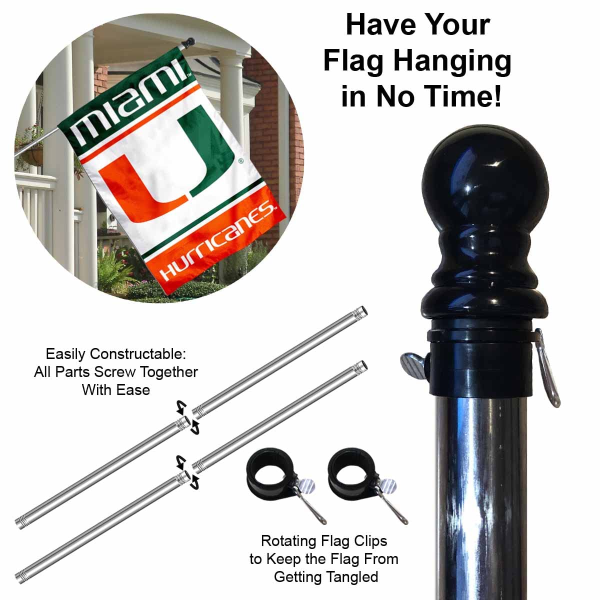 College Flags & Banners Co. Miami Hurricanes House Flag with Flag Pole Set - Sports Collectibles, Sports Memorabilia, Sports Fan Shop, Sports Gifts