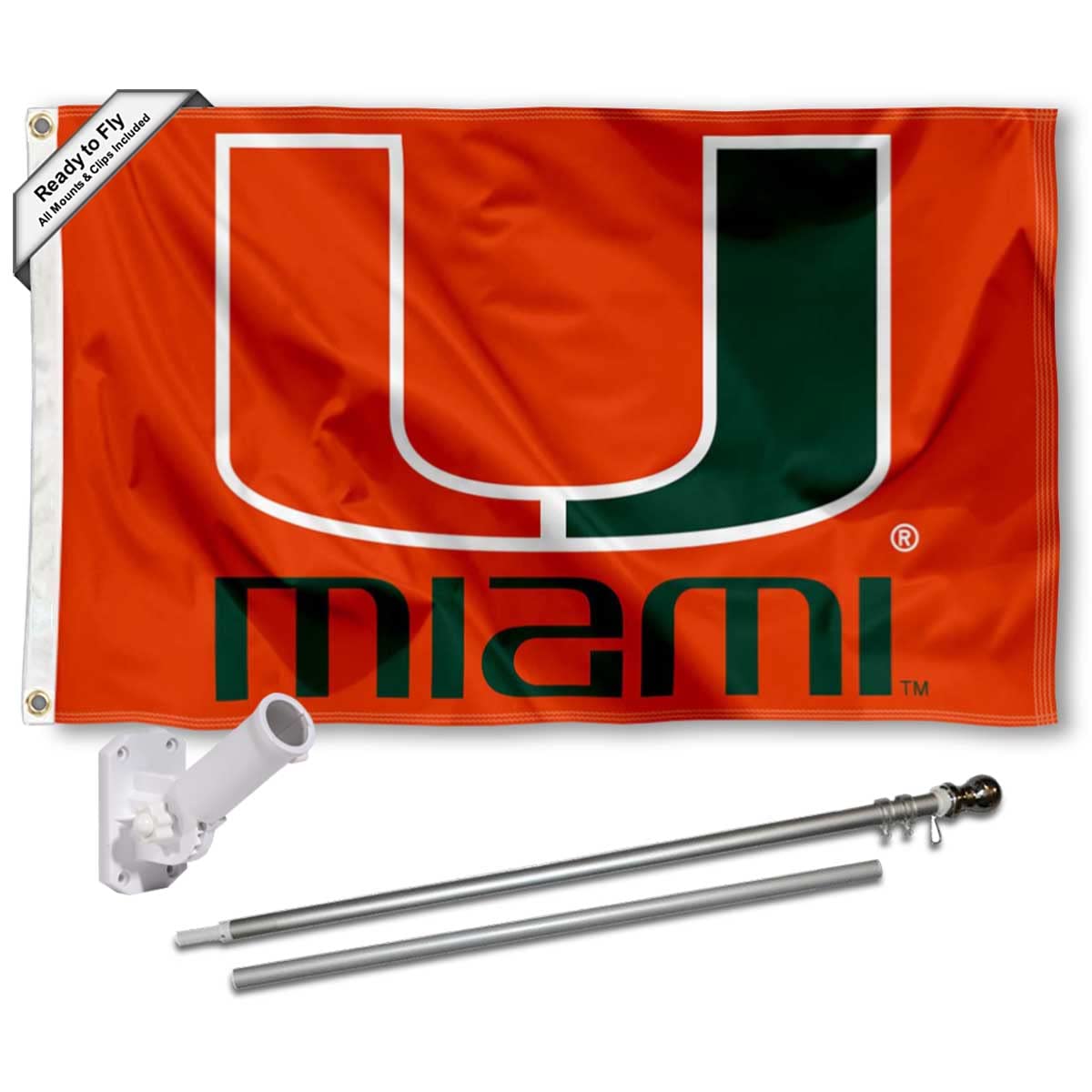 College Flags & Banners Co. Hurricanes Orange Flag with Pole and Bracket Mount Kit - Sports Collectibles, Sports Memorabilia, Sports Fan Shop, Sports Gifts