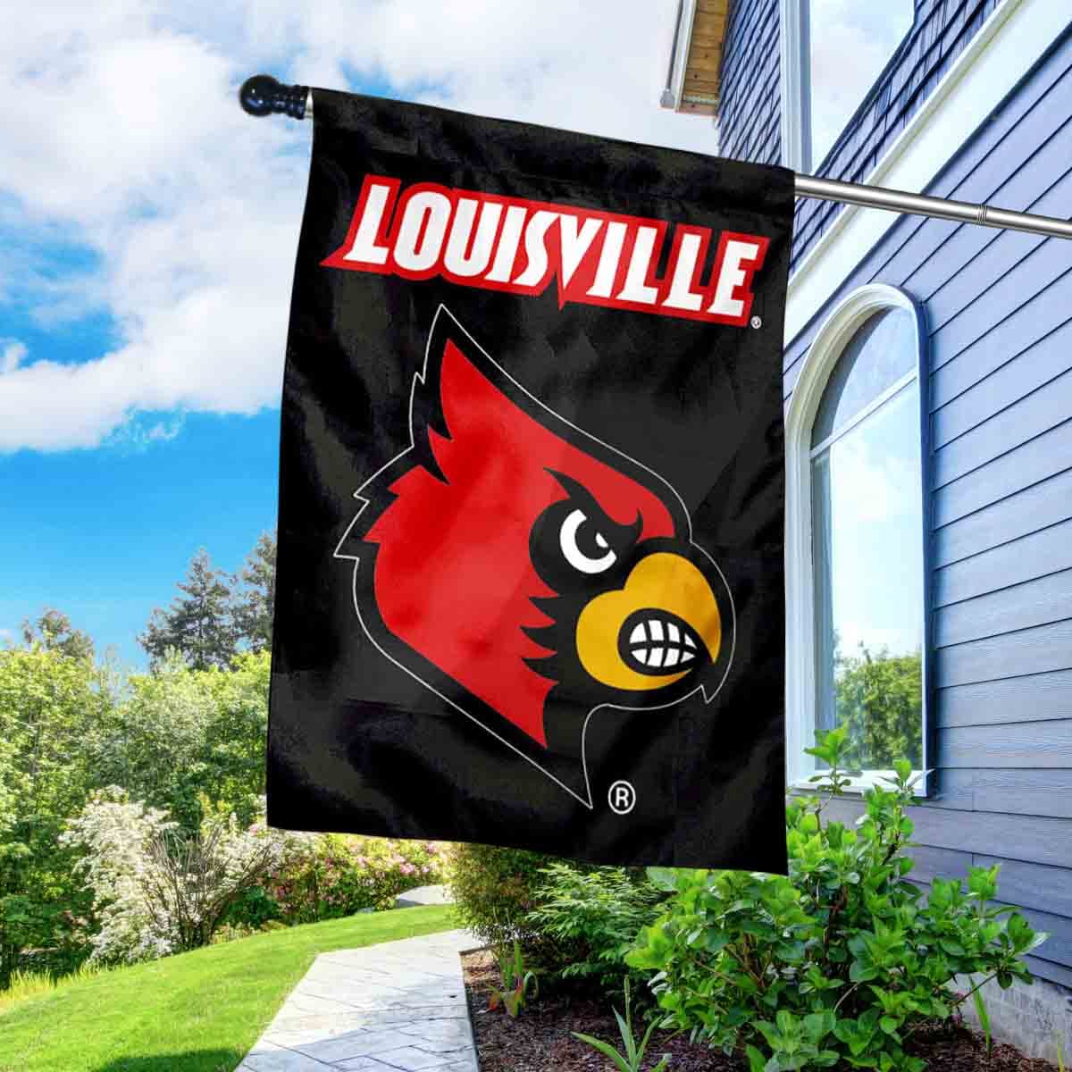 College Flags & Banners Co. Louisville Cardinals Banner Flag with Flag Pole Set - Sports Collectibles, Sports Memorabilia, Sports Fan Shop, Sports Gifts
