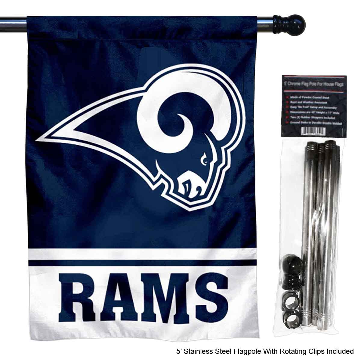 WinCraft Rams Banner House Flag and 5 Foot Flagpole Set - Sports Collectibles, Sports Memorabilia, Sports Fan Shop, Sports Gifts