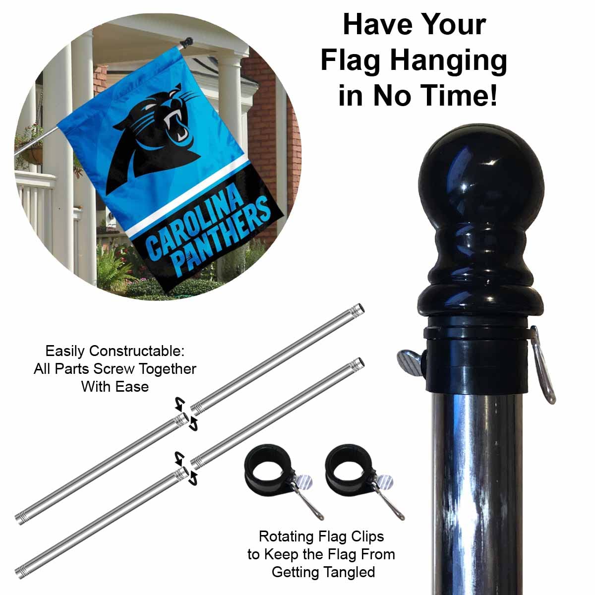 WinCraft Panthers Banner House Flag and 5 Foot Flagpole Set - Sports Collectibles, Sports Memorabilia, Sports Fan Shop, Sports Gifts