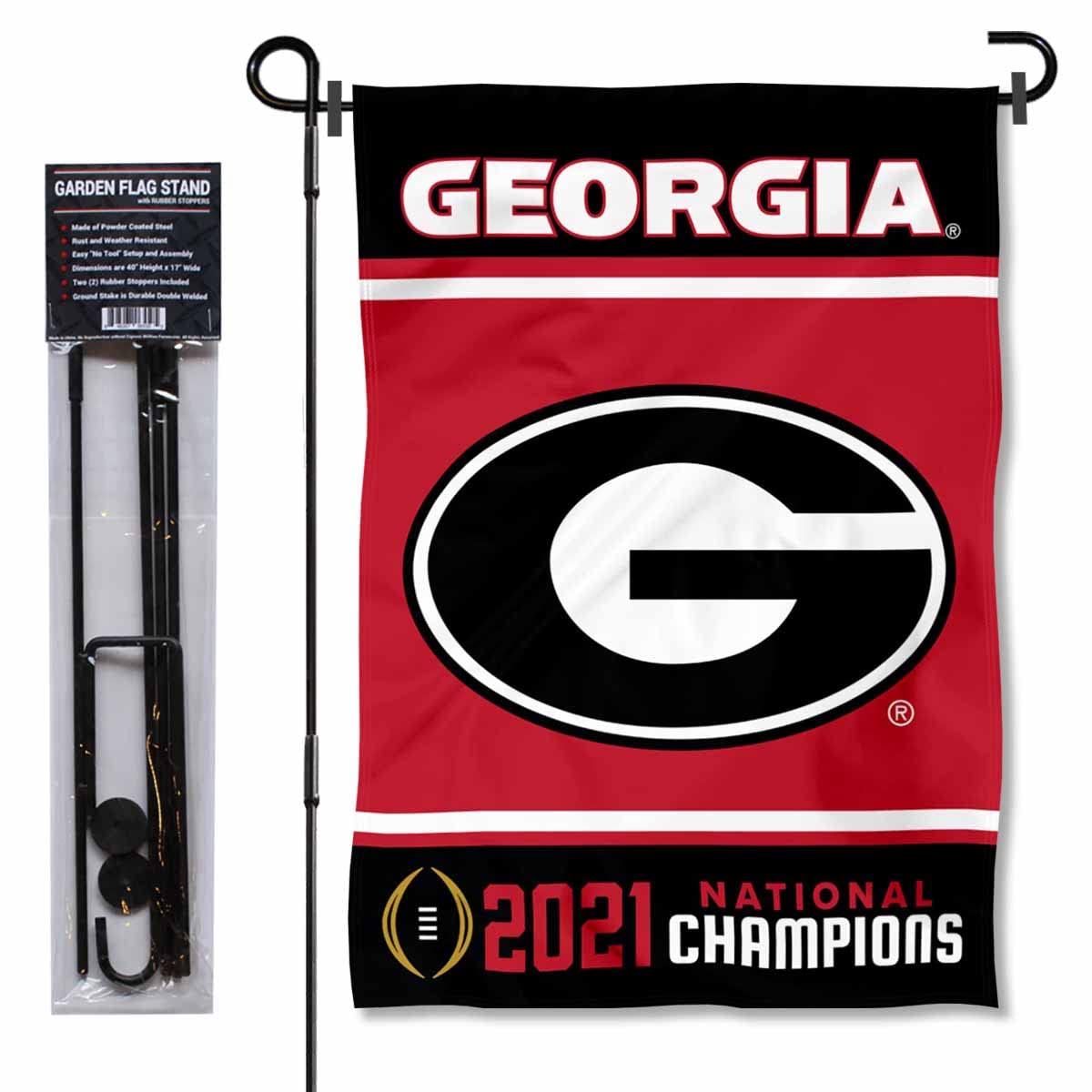 College Flags & Banners Co. Georgia Bulldogs National Champions Garden Flag with Pole Stand Holder - Sports Collectibles, Sports Memorabilia, Sports Fan Shop, Sports Gifts