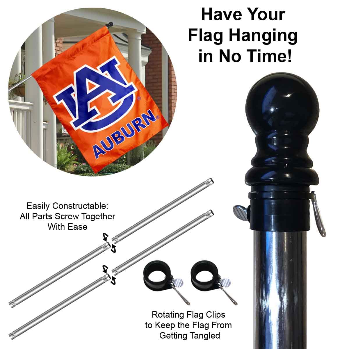 College Flags & Banners Co. Auburn University Orange House Flag with Flag Pole Set - Sports Collectibles, Sports Memorabilia, Sports Fan Shop, Sports Gifts