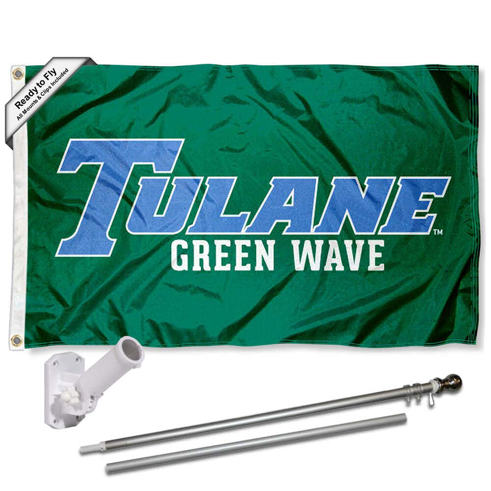 College Flags & Banners Co. Tulane Green Wave Flag with Pole and Bracket Holder University Set - Sports Collectibles, Sports Memorabilia, Sports Fan Shop, Sports Gifts