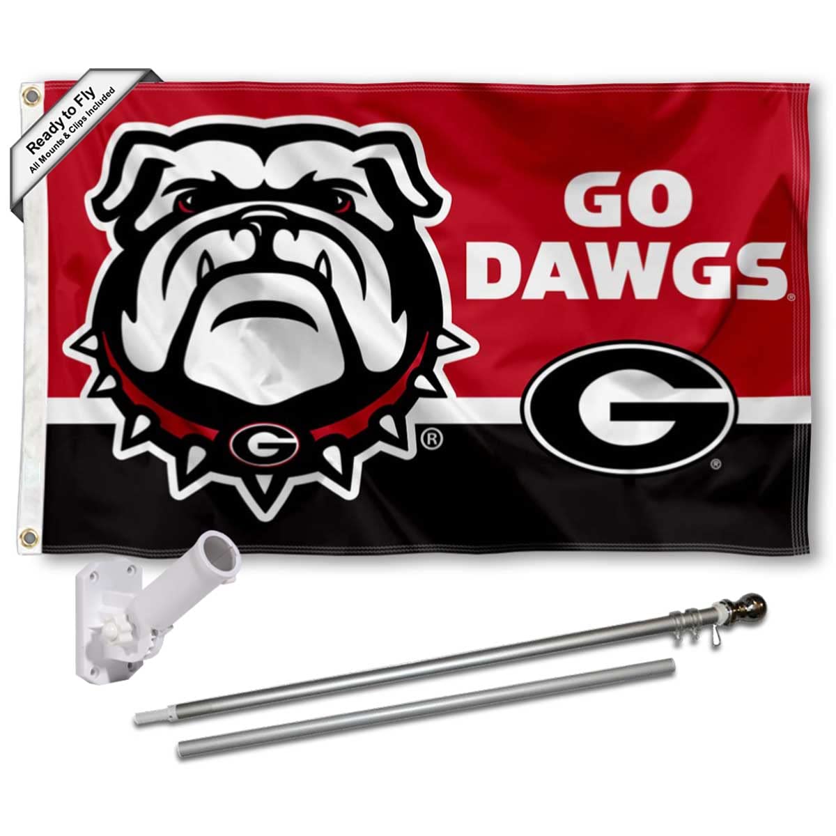 Georgia Bulldogs Go Dawgs Flag with Pole and Bracket Holder University Set - Sports Collectibles, Sports Memorabilia, Sports Fan Shop, Sports Gifts