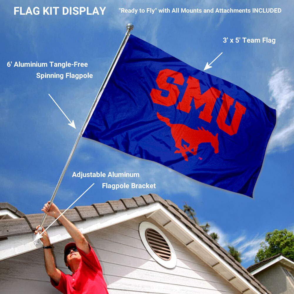 College Flags & Banners Co. Southern Methodist Mustangs Flag with Pole and Bracket Complete Set - Sports Collectibles, Sports Memorabilia, Sports Fan Shop, Sports Gifts