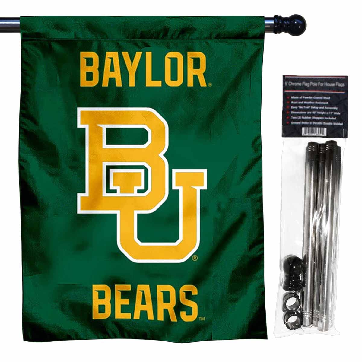 Baylor Bears Logo Double Sided House Flag with Flag Pole Set - Sports Collectibles, Sports Memorabilia, Sports Fan Shop, Sports Gifts