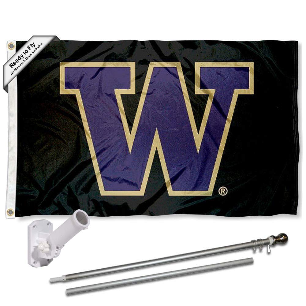 College Flags & Banners Co. Washington Huskies Black Flag with Pole and Bracket Kit - Sports Collectibles, Sports Memorabilia, Sports Fan Shop, Sports Gifts