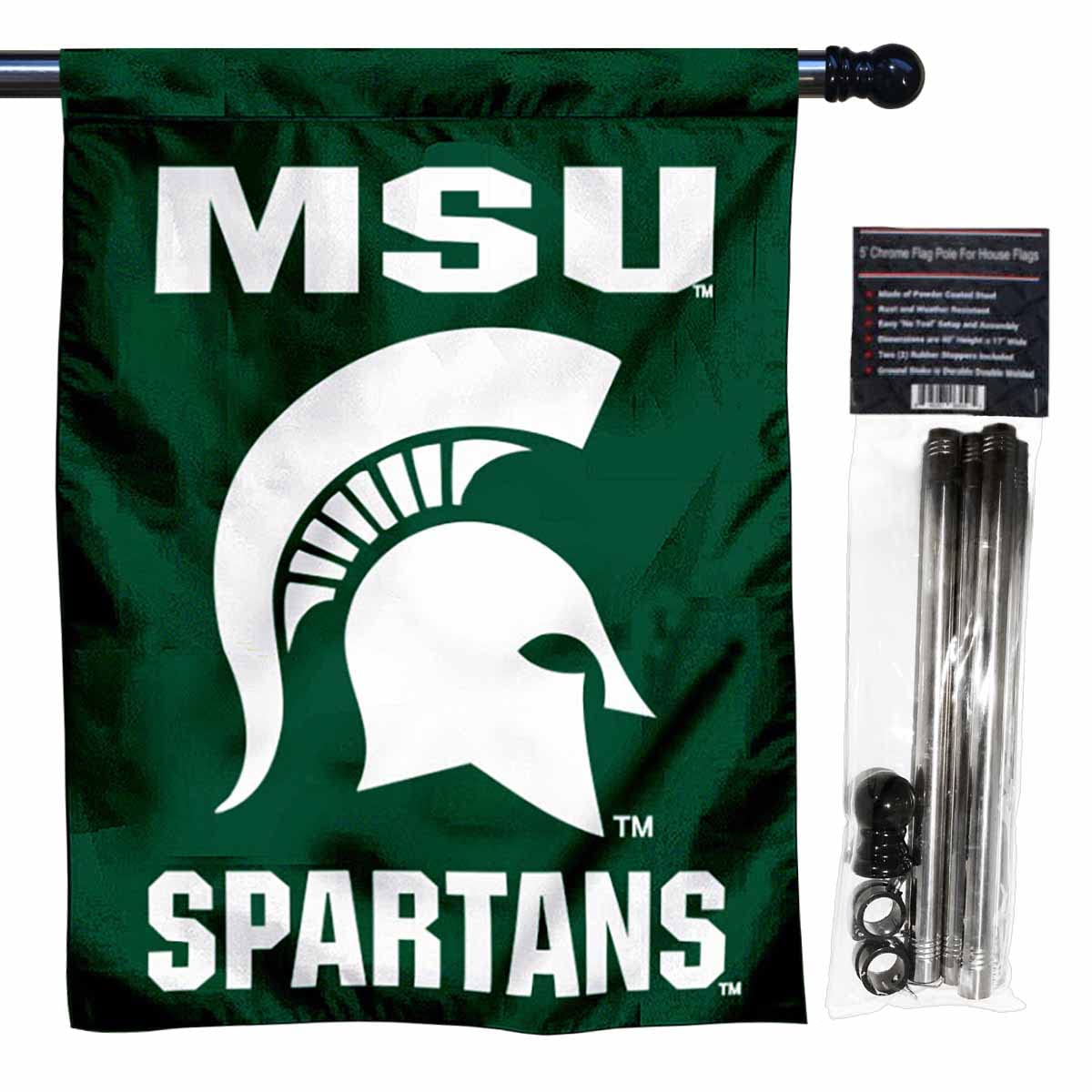 Michigan State Spartan Head House Flag with Flag Pole Set - Sports Collectibles, Sports Memorabilia, Sports Fan Shop, Sports Gifts