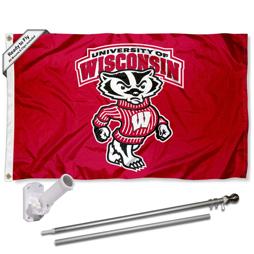 College Flags & Banners Co. Wisconsin Badgers Bucky Flag with Pole and Bracket Complete Set - Sports Collectibles, Sports Memorabilia, Sports Fan Shop, Sports Gifts