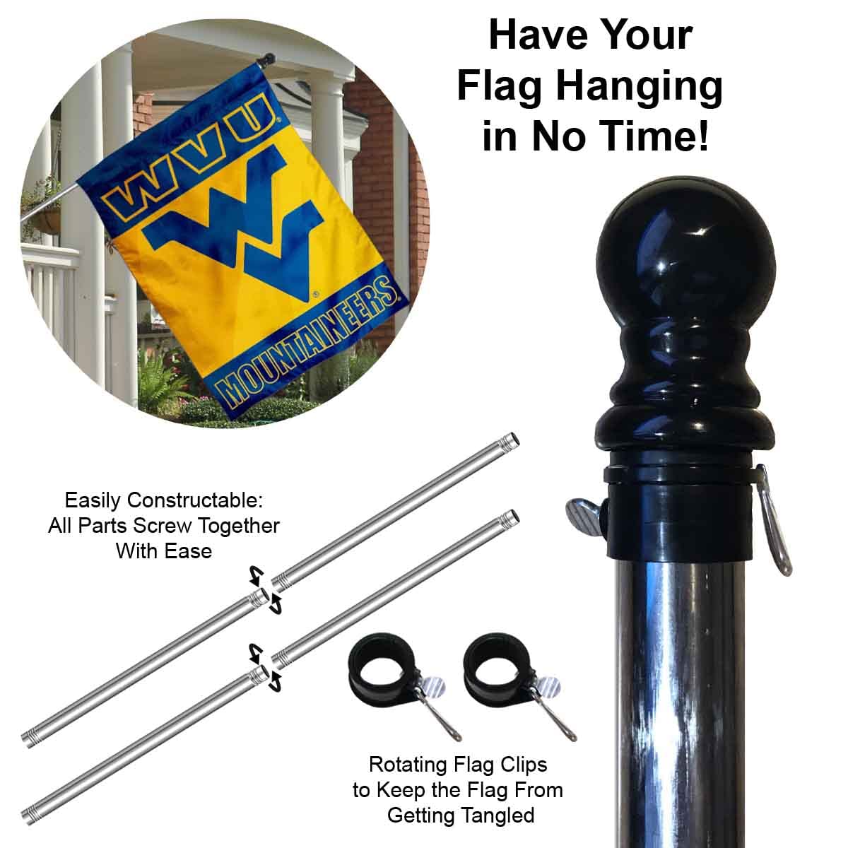 West Virginia Mountaineers Double Sided House Flag with Flag Pole Set - Sports Collectibles, Sports Memorabilia, Sports Fan Shop, Sports Gifts