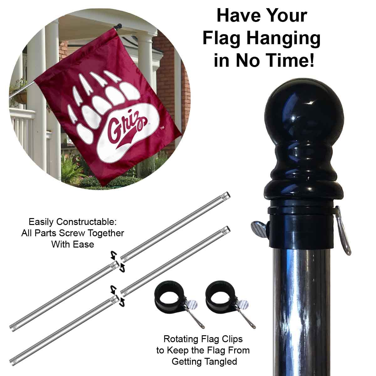 College Flags & Banners Co. Montana Griz Logo House Flag with Flag Pole Set - Sports Collectibles, Sports Memorabilia, Sports Fan Shop, Sports Gifts