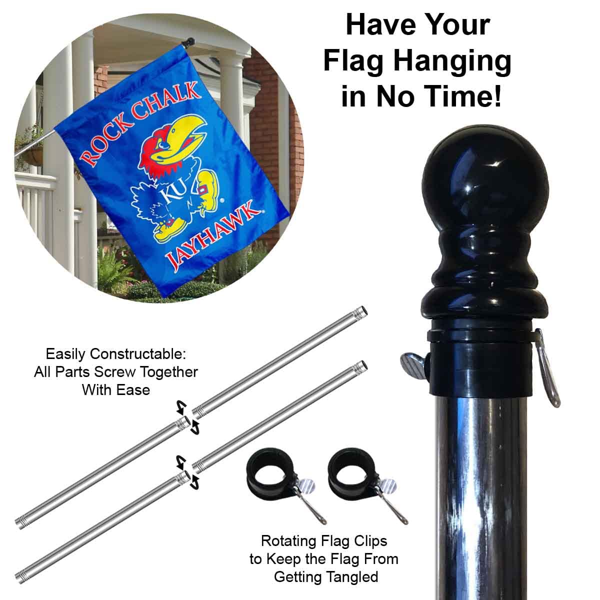 College Flags & Banners Co. University of Kansas House Flag with Flag Pole Set - Sports Collectibles, Sports Memorabilia, Sports Fan Shop, Sports Gifts