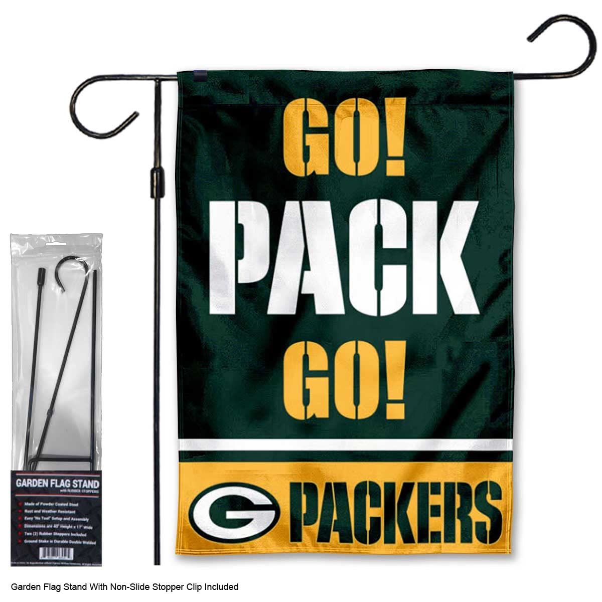 WinCraft Packers Go Pack Go Garden Flag and Stand Pole Holder Mount - Sports Collectibles, Sports Memorabilia, Sports Fan Shop, Sports Gifts