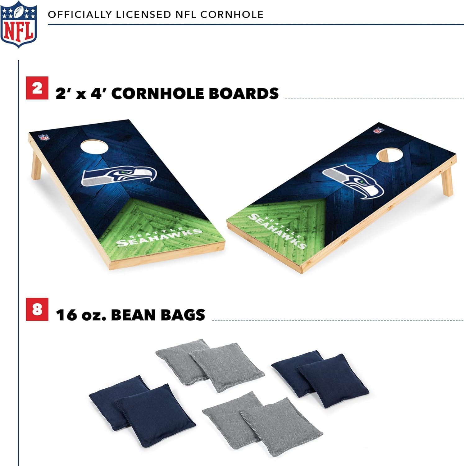 Wild Sports NFL Seattle Seahawks 2' x 4' Regulation Size Solid Wood Cornhole Set with Direct Print HD Team Graphics - Sports Collectibles, Sports Memorabilia, Sports Fan Shop, Sports Gifts