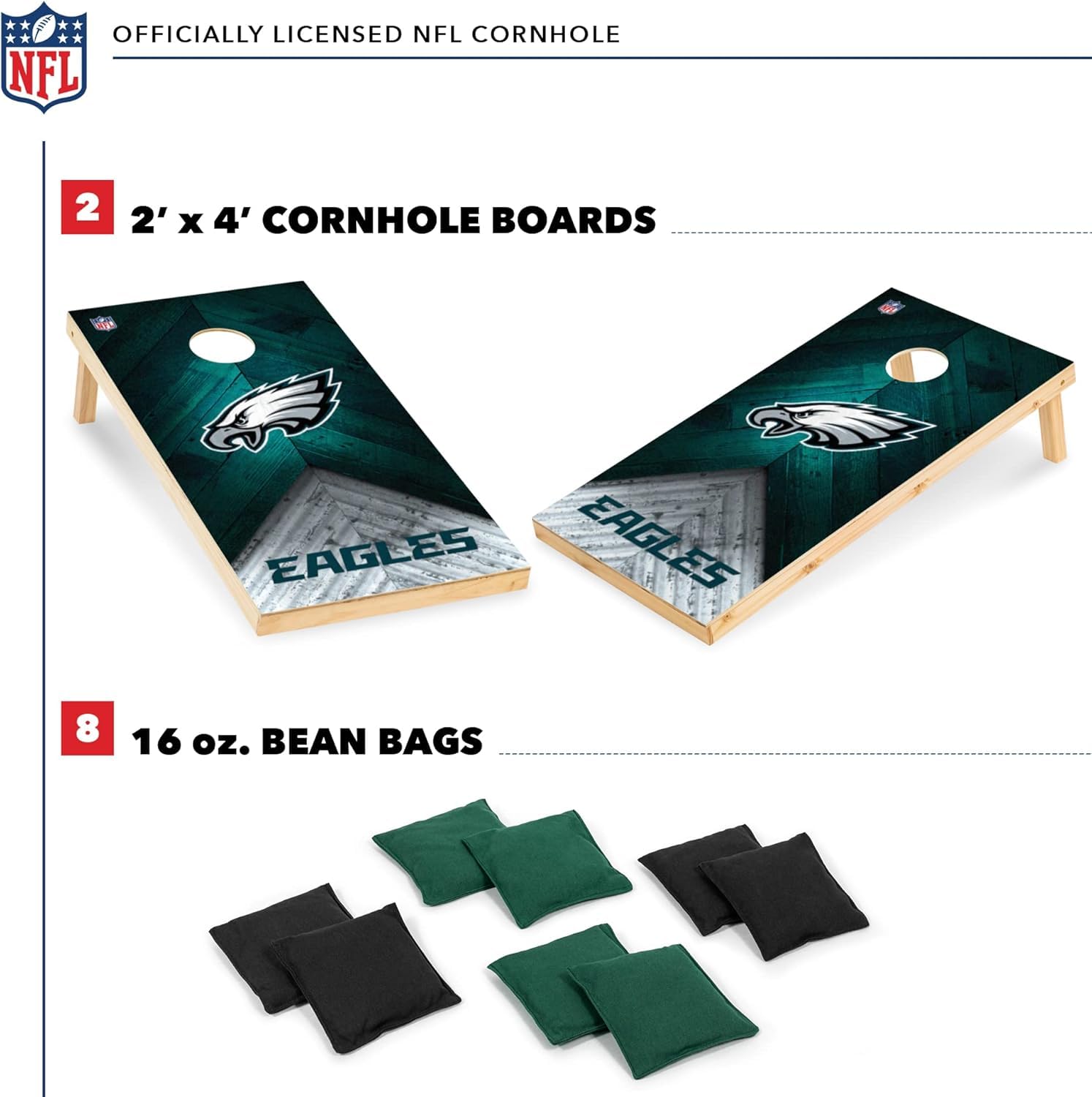 Wild Sports NFL Philadelphia Eagles 2' x 4' Regulation Size Solid Wood Cornhole Set with Direct Print HD Team Graphics - Sports Collectibles, Sports Memorabilia, Sports Fan Shop, Sports Gifts