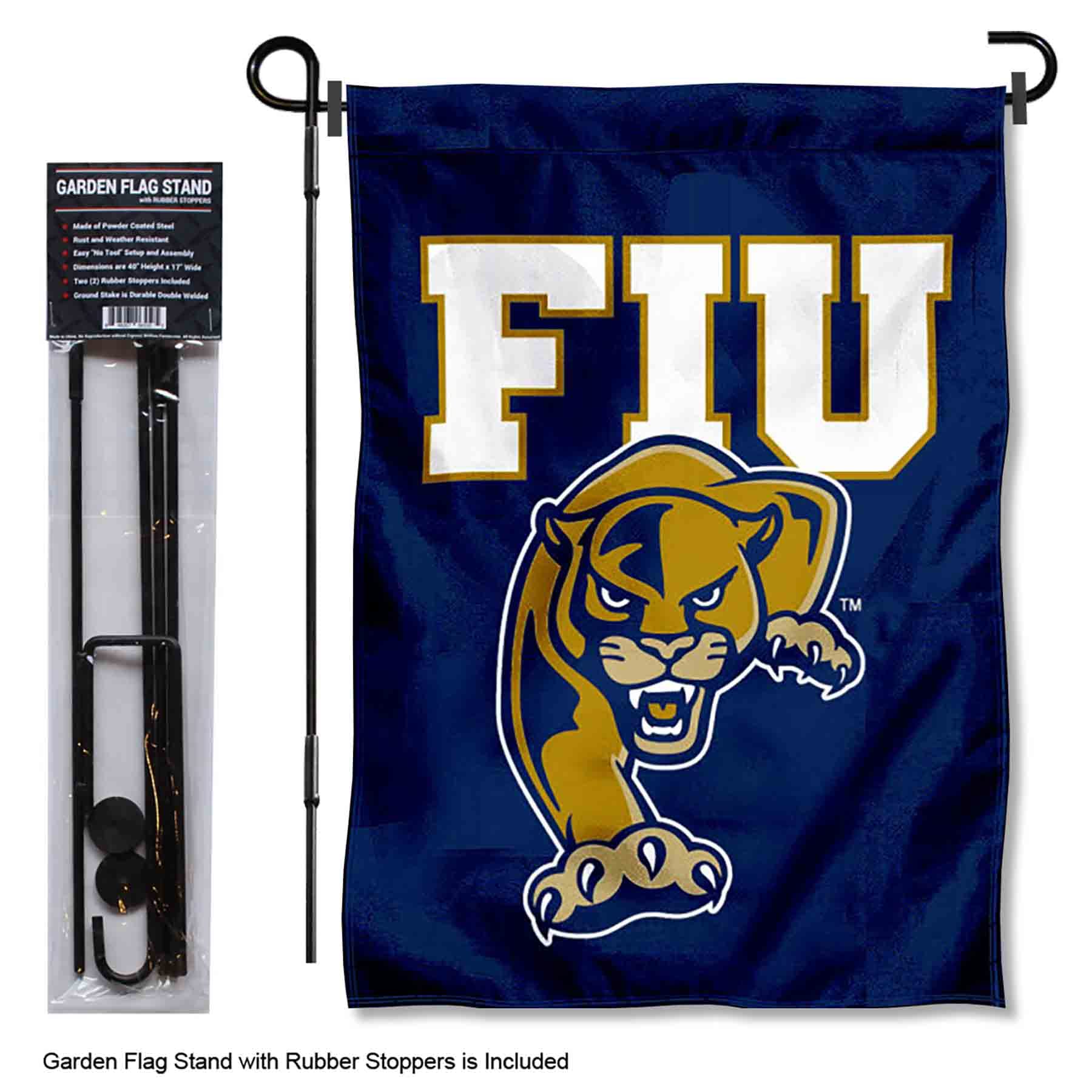 College Flags & Banners Co. Florida International Panthers Garden Flag with Pole Stand Holder - Sports Collectibles, Sports Memorabilia, Sports Fan Shop, Sports Gifts