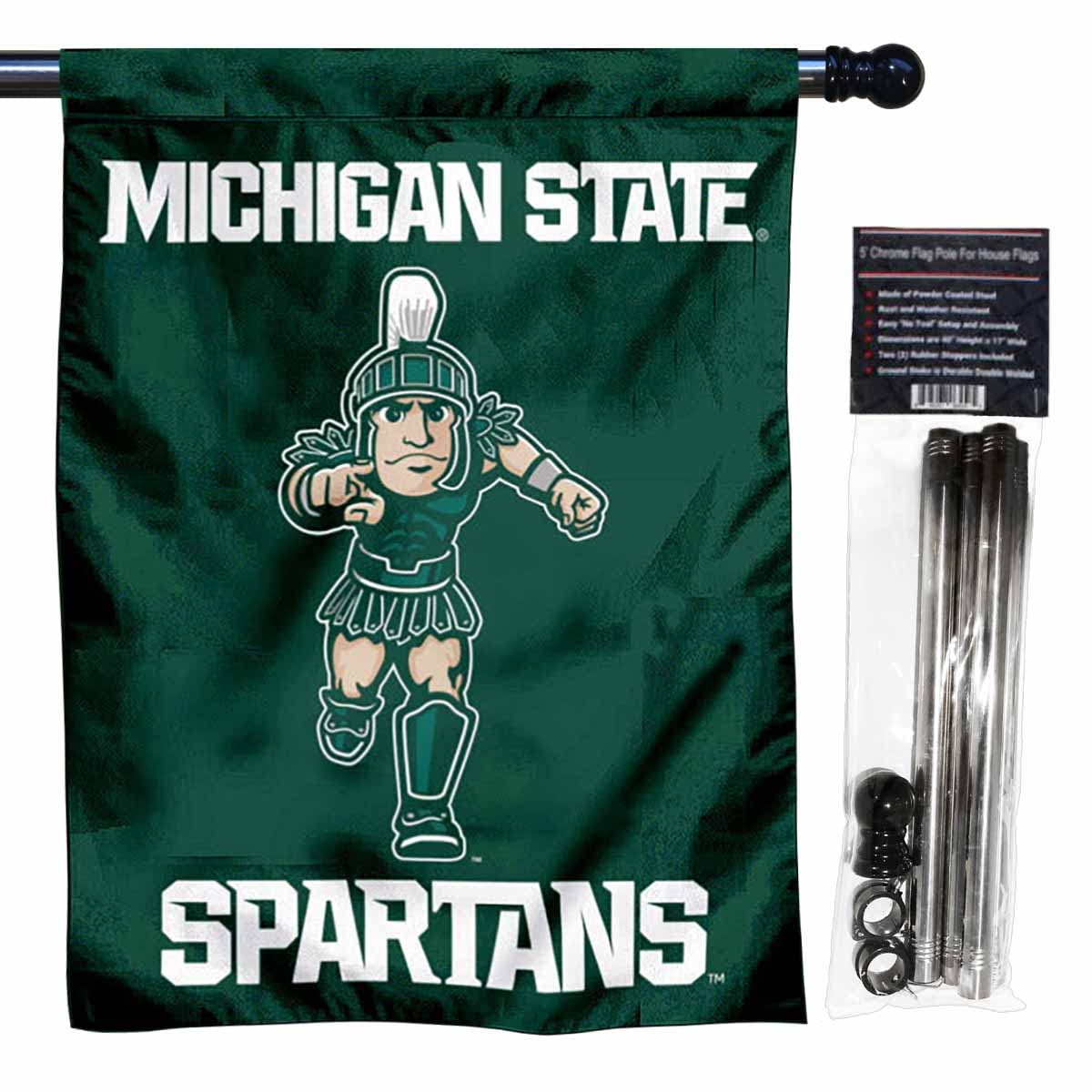 Michigan State Spartans Running Sparty Double Sided House Flag with Flag Pole Set - Sports Collectibles, Sports Memorabilia, Sports Fan Shop, Sports Gifts
