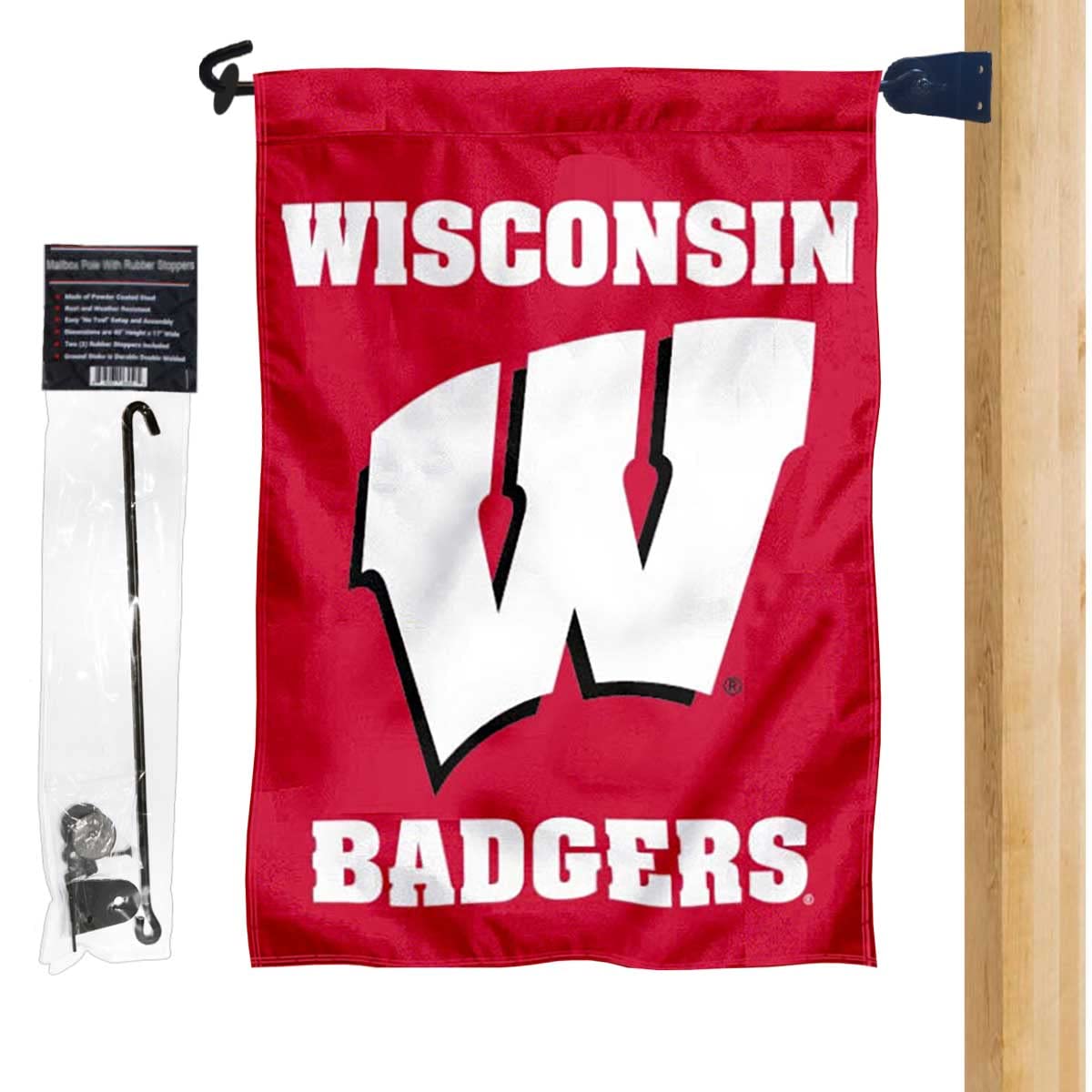 College Flags & Banners Co. UW Badgers Red Garden Flag and Mailbox Post Pole Mount Holder Set - Sports Collectibles, Sports Memorabilia, Sports Fan Shop, Sports Gifts