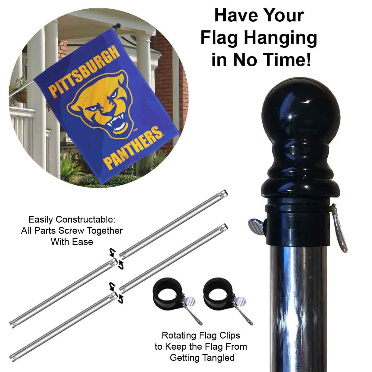 College Flags & Banners Co. Pittsburgh Panthers Logo Double Sided House Flag with Flag Pole Set - Sports Collectibles, Sports Memorabilia, Sports Fan Shop, Sports Gifts