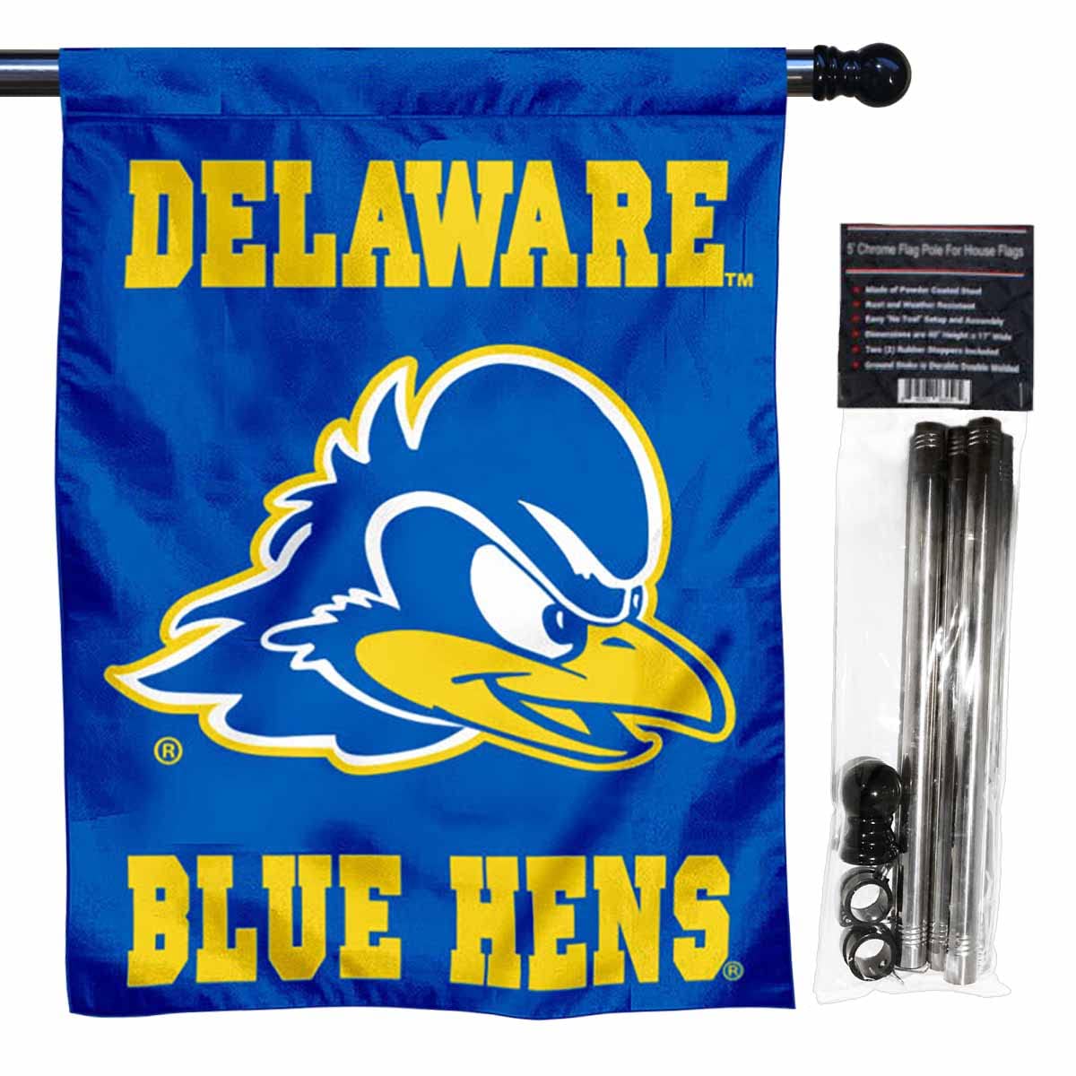Delaware Blue Hens Double Sided House Flag with Flag Pole Set - Sports Collectibles, Sports Memorabilia, Sports Fan Shop, Sports Gifts