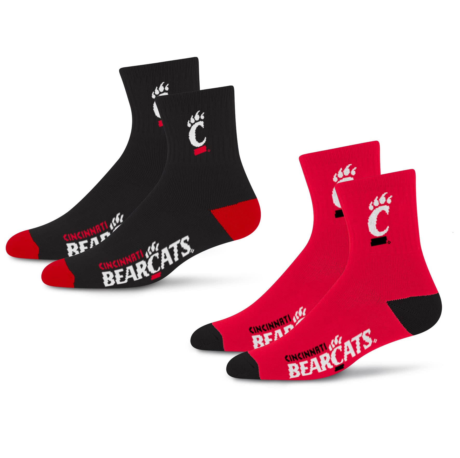 For Bare Feet NCAA Cincinnati Bearcats Quarter Sock Two Pack Team Colors Large - Sports Gifts, Sports Memorabilia, Sports Collectibles, Fan Shop