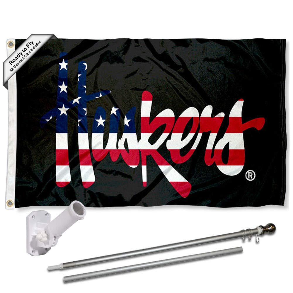 College Flags & Banners Co. Nebraska Cornhuskers Patriotic Flag with Pole and Bracket Complete Set - Sports Collectibles, Sports Memorabilia, Sports Fan Shop, Sports Gifts