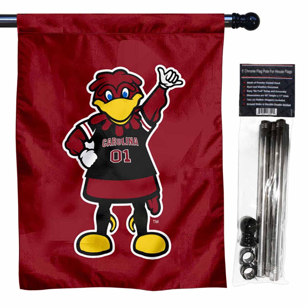 College Flags & Banners Co. USC Gamecocks Cocky Mascot House Flag with Flag Pole Set - Sports Collectibles, Sports Memorabilia, Sports Fan Shop, Sports Gifts