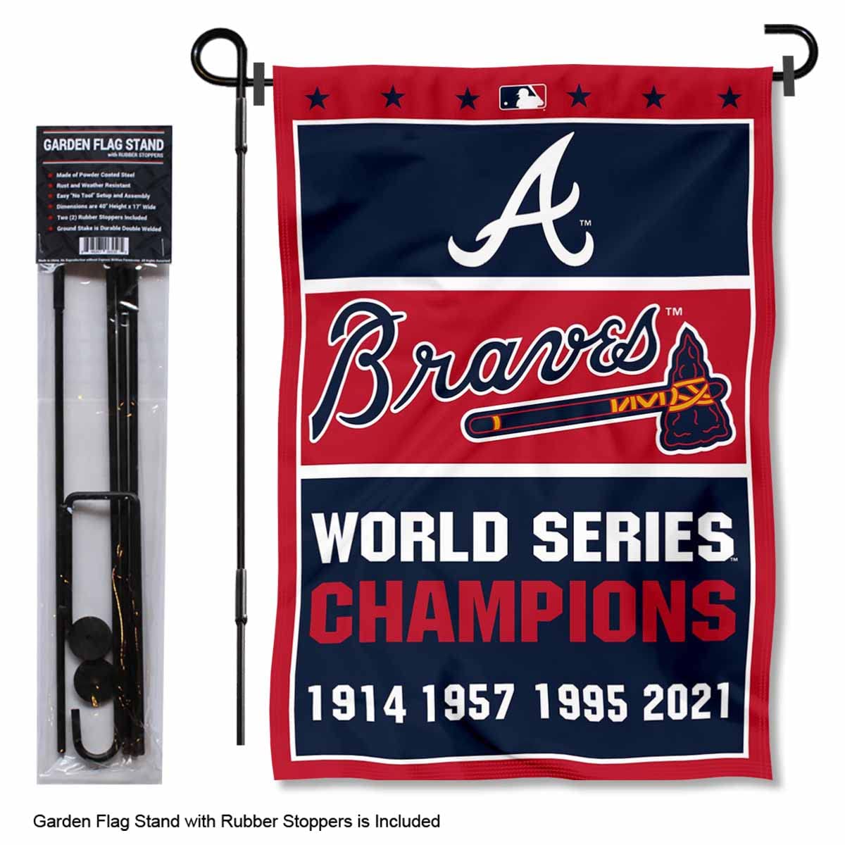 WinCraft Atlanta Braves 4 Time Champions Garden Flag and Pole Stand Mount - Sports Collectibles, Sports Memorabilia, Sports Fan Shop, Sports Gifts