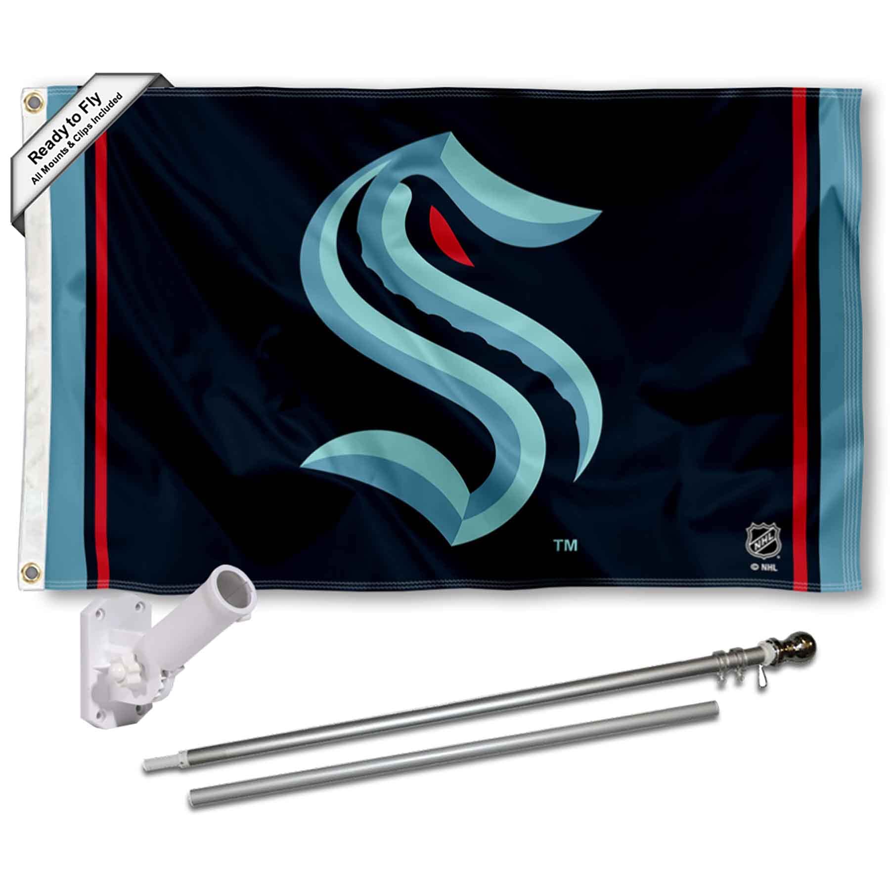 Seattle Kraken Wordmark Flag Pole and Bracket Mounting Set - Sports Collectibles, Sports Memorabilia, Sports Fan Shop, Sports Gifts