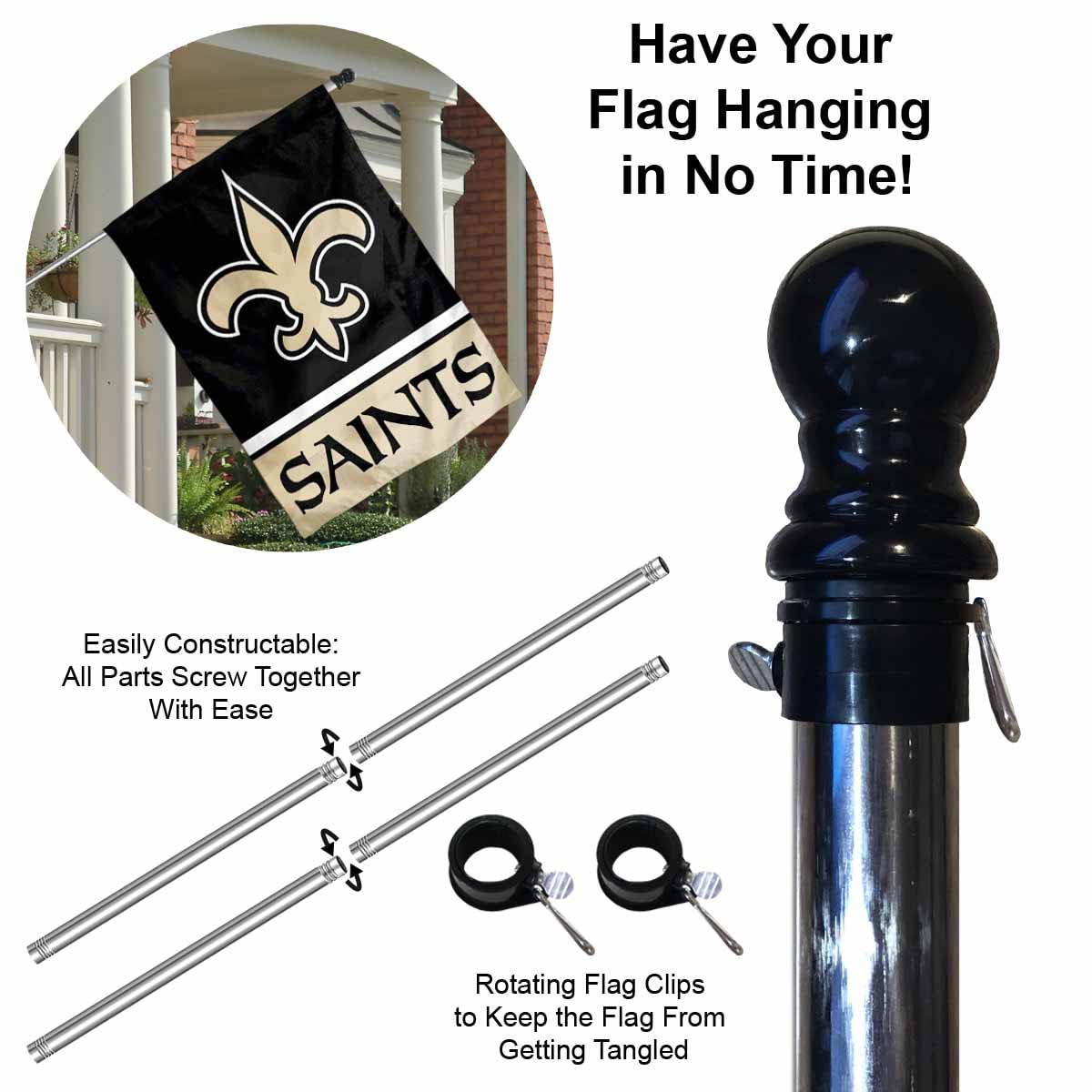 WinCraft Saints Banner House Flag and 5 Foot Flagpole Set - Sports Collectibles, Sports Memorabilia, Sports Fan Shop, Sports Gifts