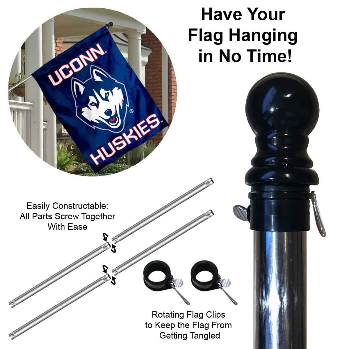 Connecticut Huskies House Flag with Flag Pole Set - Sports Collectibles, Sports Memorabilia, Sports Fan Shop, Sports Gifts