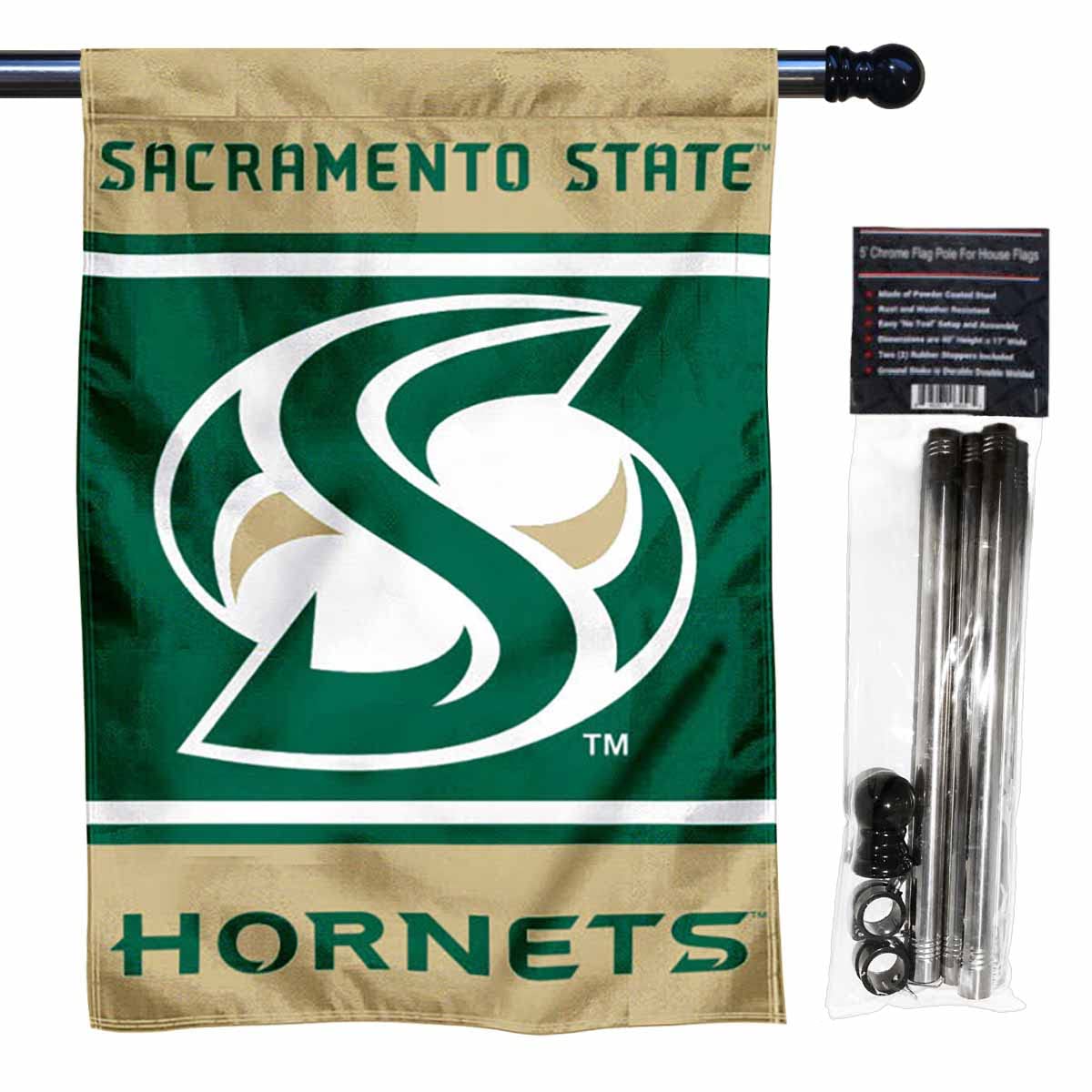 Sacramento State Hornets Double Sided Banner with Flag Pole Set - Sports Collectibles, Sports Memorabilia, Sports Fan Shop, Sports Gifts