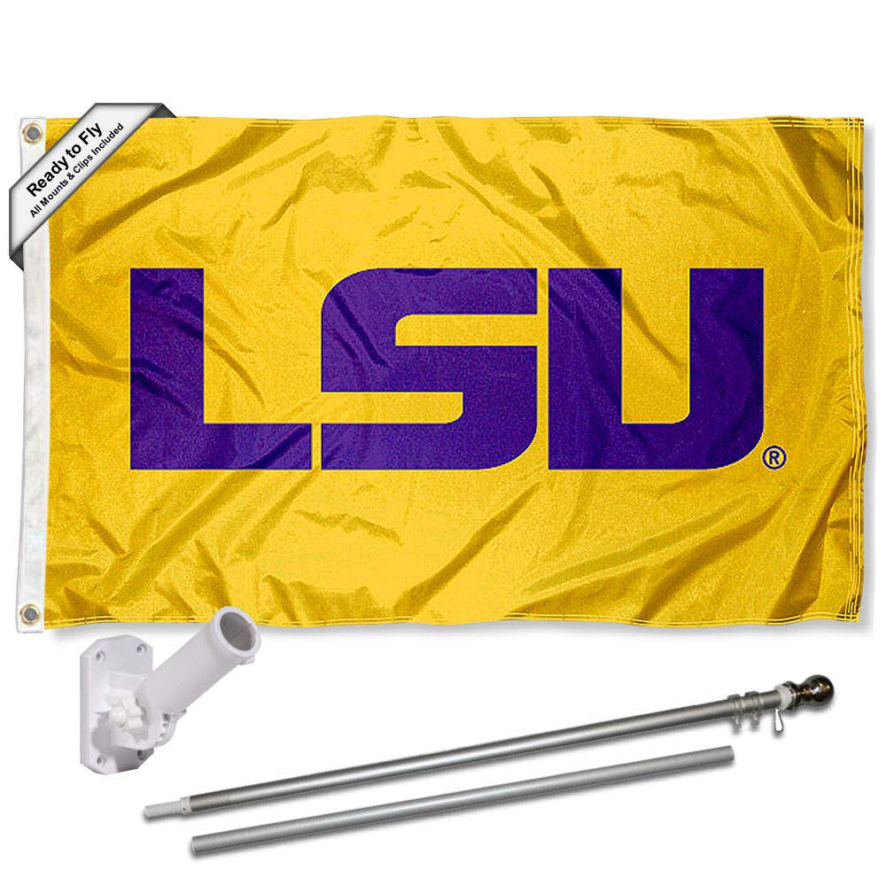 College Flags & Banners Co. Louisiana State LSU Tigers Gold Flag with Pole and Bracket Complete Set - Sports Collectibles, Sports Memorabilia, Sports Fan Shop, Sports Gifts