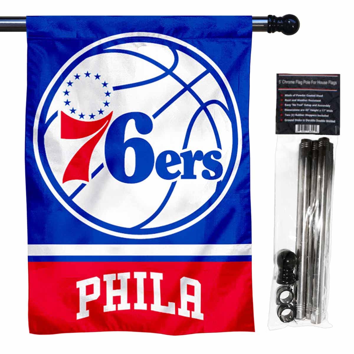 WinCraft 76ers Banner House Flag and 5 Foot Flagpole Set - Sports Collectibles, Sports Memorabilia, Sports Fan Shop, Sports Gifts