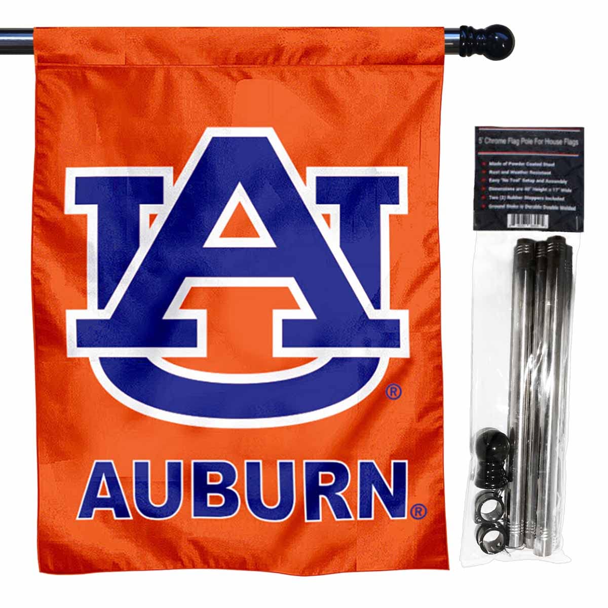 College Flags & Banners Co. Auburn University Orange House Flag with Flag Pole Set - Sports Collectibles, Sports Memorabilia, Sports Fan Shop, Sports Gifts