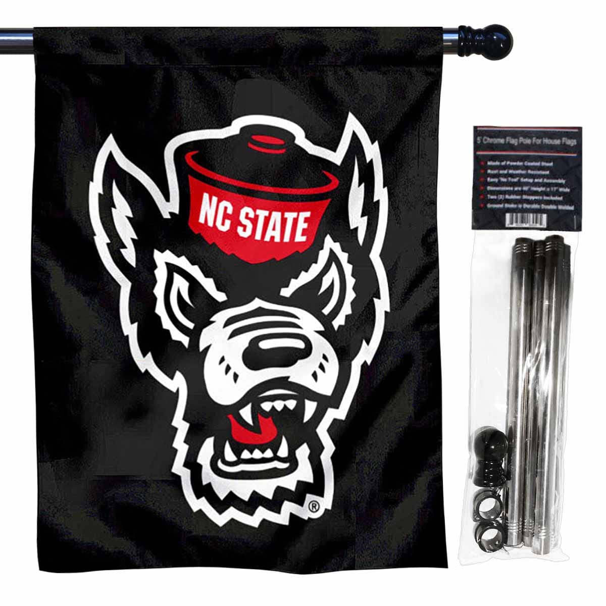 College Flags & Banners Co. NC State Wolfpack Black Double Sided House Flag with Flag Pole Set - Sports Collectibles, Sports Memorabilia, Sports Fan Shop, Sports Gifts