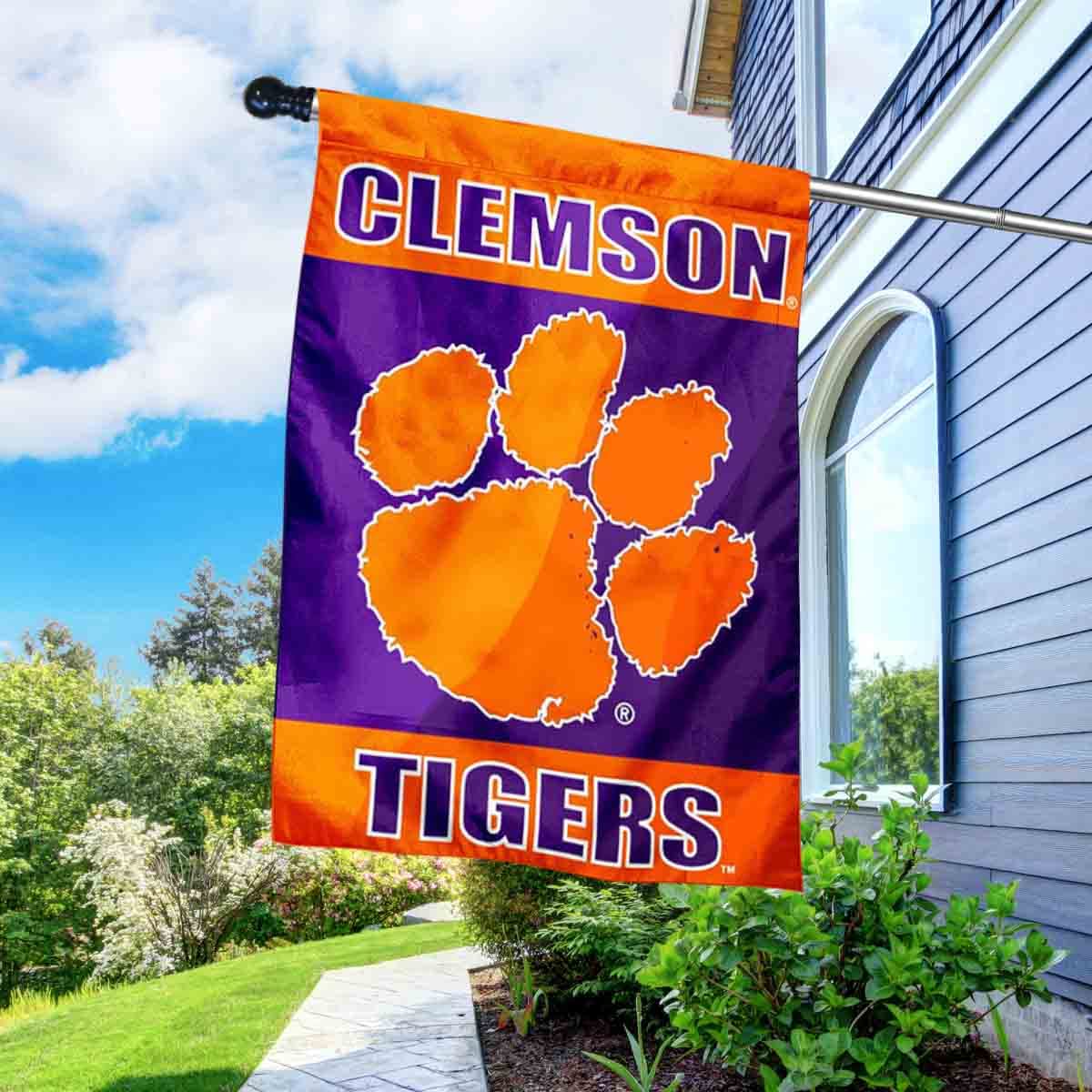 Clemson University House Flag with Flag Pole Set - Sports Collectibles, Sports Memorabilia, Sports Fan Shop, Sports Gifts