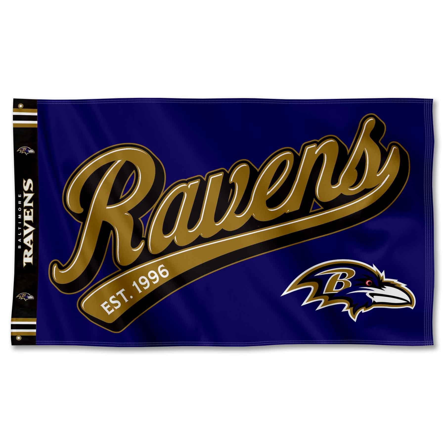 WinCraft Baltimore Ravens Script Logo Premium Flag - Sports Collectibles, Sports Memorabilia, Sports Fan Shop, Sports Gifts