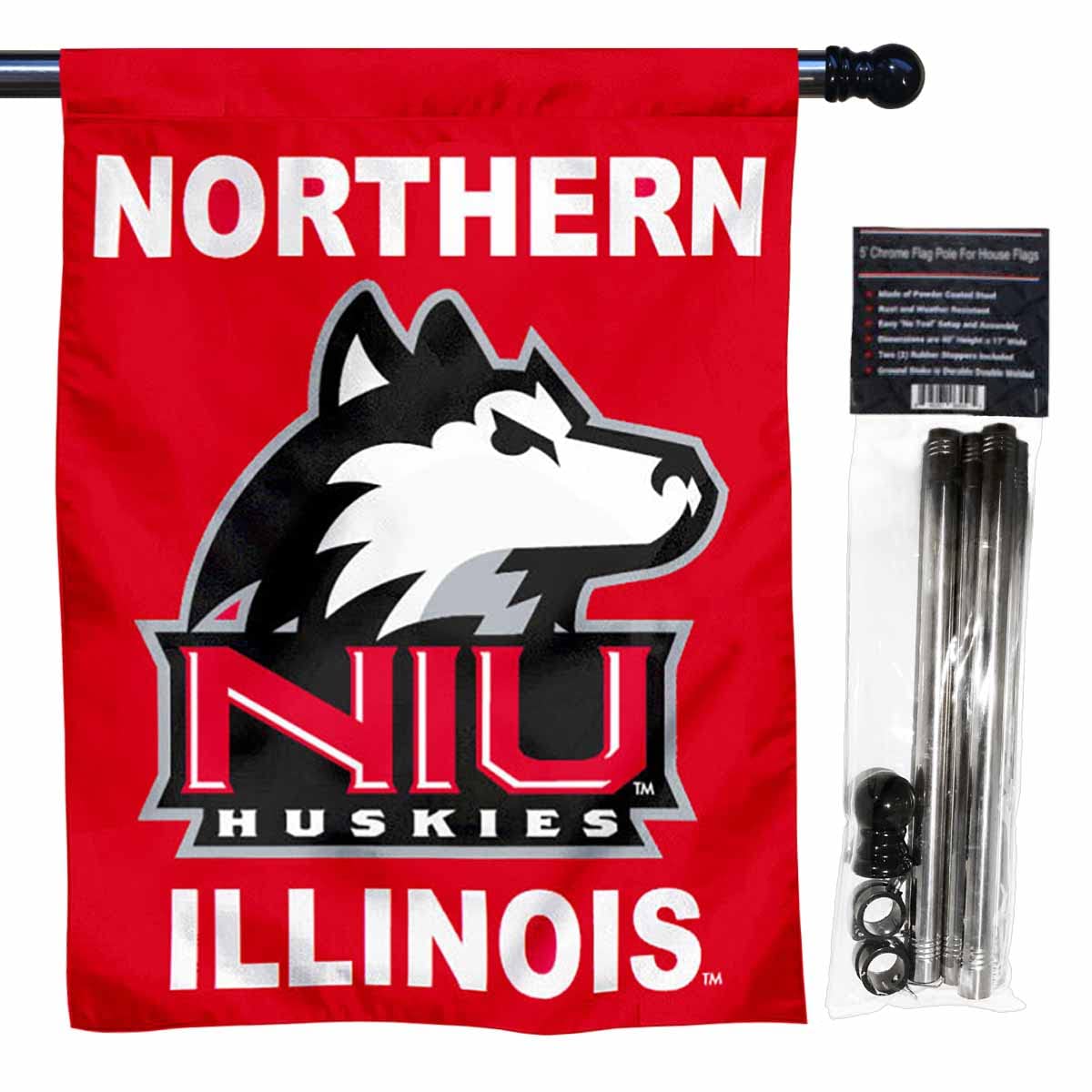 Northern Illinois University House Flag with Flag Pole Set - Sports Collectibles, Sports Memorabilia, Sports Fan Shop, Sports Gifts